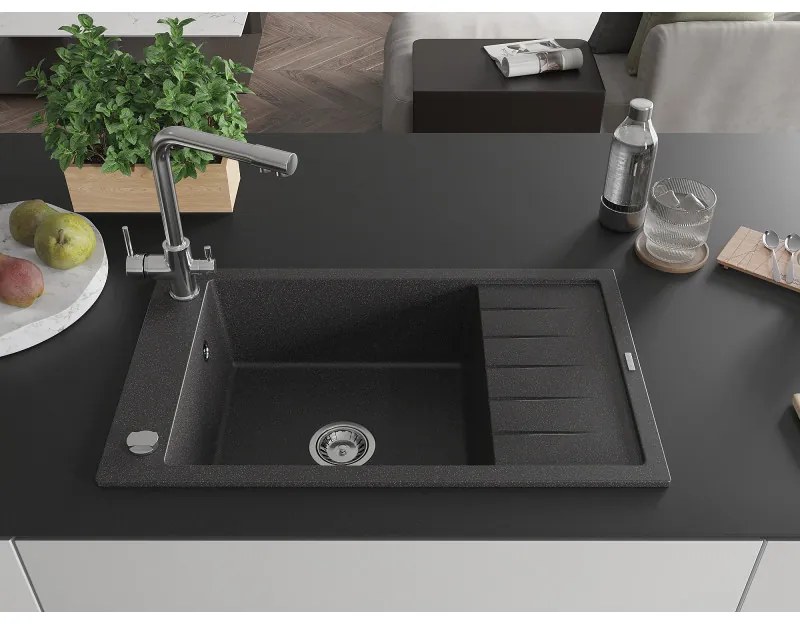 Mexen Elias, 1-komorový granitový drez s odkvapkávačom 795x480x200 mm a chrómová batéria Duero, čierna - škvrnitá, 6511-76-671600-00