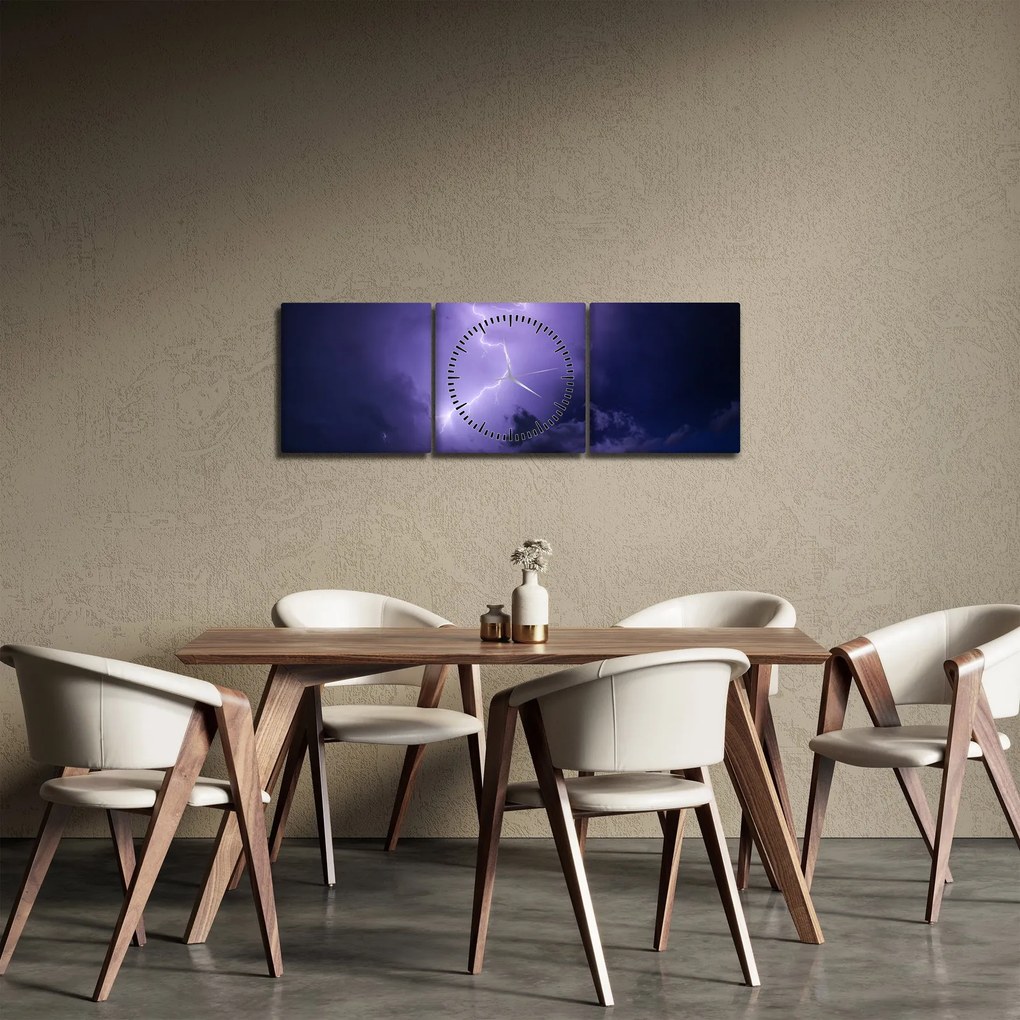 Obraz - fialová obloha a blesk (s hodinami) (90x30 cm)