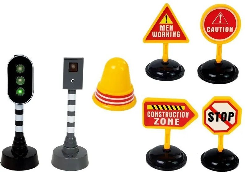 LEAN Toys Súprava sklápacieho nákladiaka 1:14 – dopravné značky, svetlá, radar, žltá