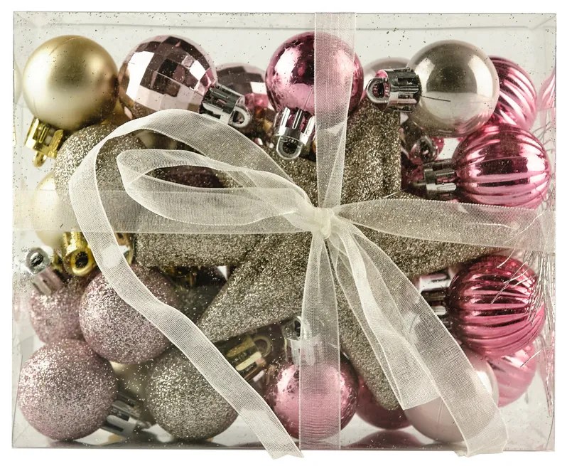 DECOLED Sada ozdob, 29x 3cm koule, 1x glitter špice, růžová a stříbrná