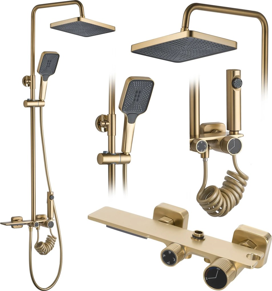 Rea Helix, nástenný sprchový set s termostatickou batériou a bidetovou spŕškou, zlatá matná, REA-P6621