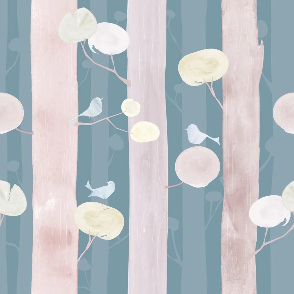 Samolepiaca tapeta vtáčiky na stromoch s modrým pozadím