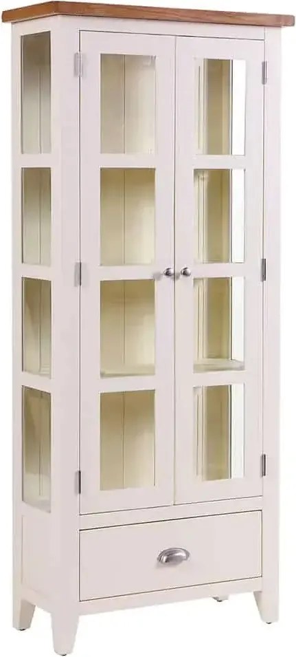 Provensálska biela vitrína so zásuvkou, 78x36x180 cm