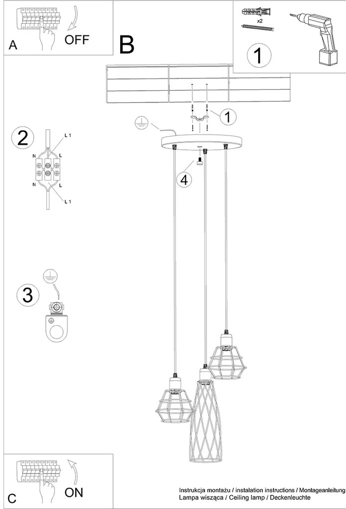 Závesné svietidlo Suba 3p, 3x čierne drôtené tienidlo