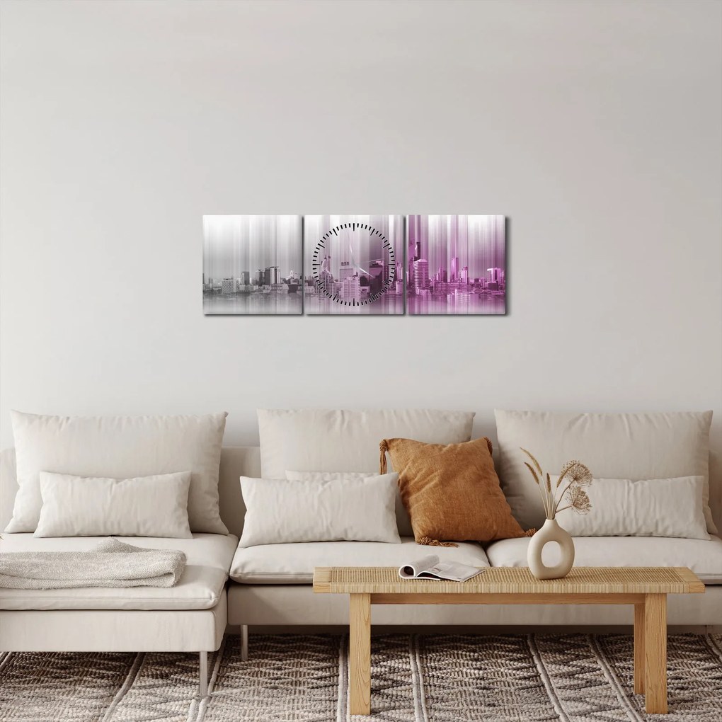 Obraz - Panoráma mesta, ružovo-šedé (s hodinami) (90x30 cm)