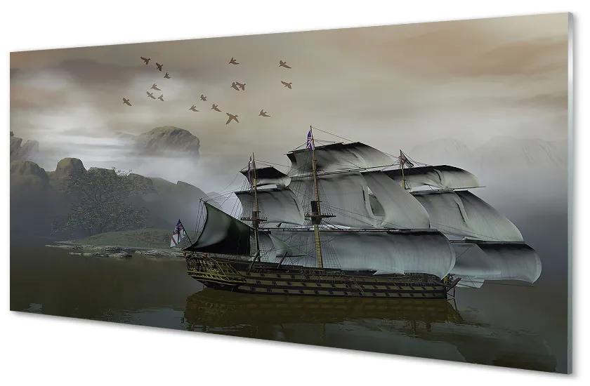 Obraz na skle morské loď hory 100x50 cm