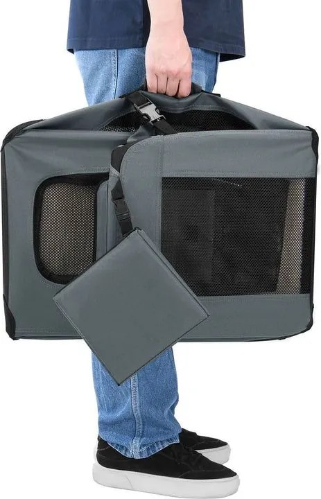 Skladací prepravný box pre psov, sivý, s posteľou, veľkosť M