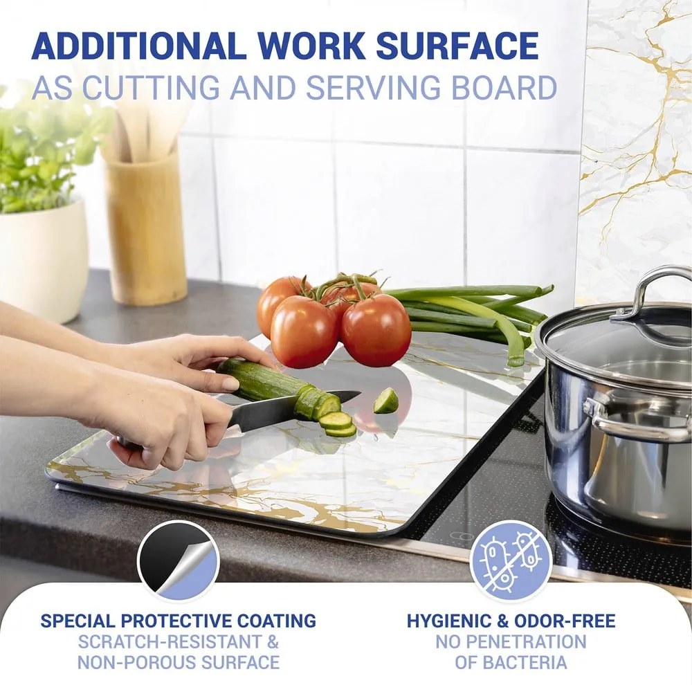 Sada 2 sklenených krytov na sporák v bielo-zlatej farbe Wenko Marble, 52 x 30 cm