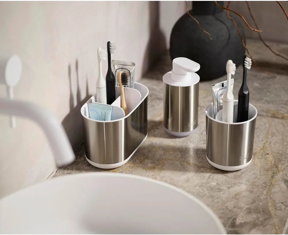 Stojan na zubné kefky z nehrdzavejúcej ocele v striebornej farbe Duo Steel – Joseph Joseph