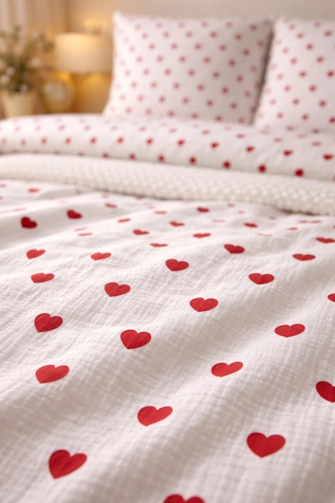 Mušelínové obliečky Srdiečka 140x200 – 100 % bavlna, romantické, priedušné, ideálne pre citlivú pokožku