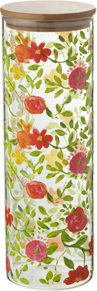 Sklenená dóza na potraviny s dreveným viečkom a kvetmi Floral glass - Ø10*30cm / 1900ml