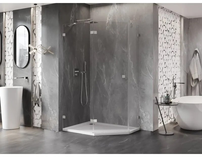 Mexen Lunar, päťuholníkový sprchový kút naklápací doľava 100 x 80 cm, 8mm číre sklo, oceľový profil, 831-100L-080P-97-00-L