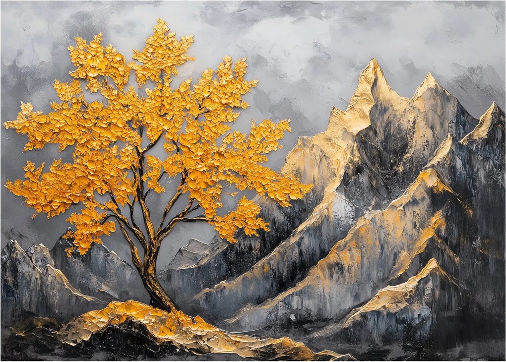 Sklenený obraz – Zlatý strom v horách (70x50 cm)