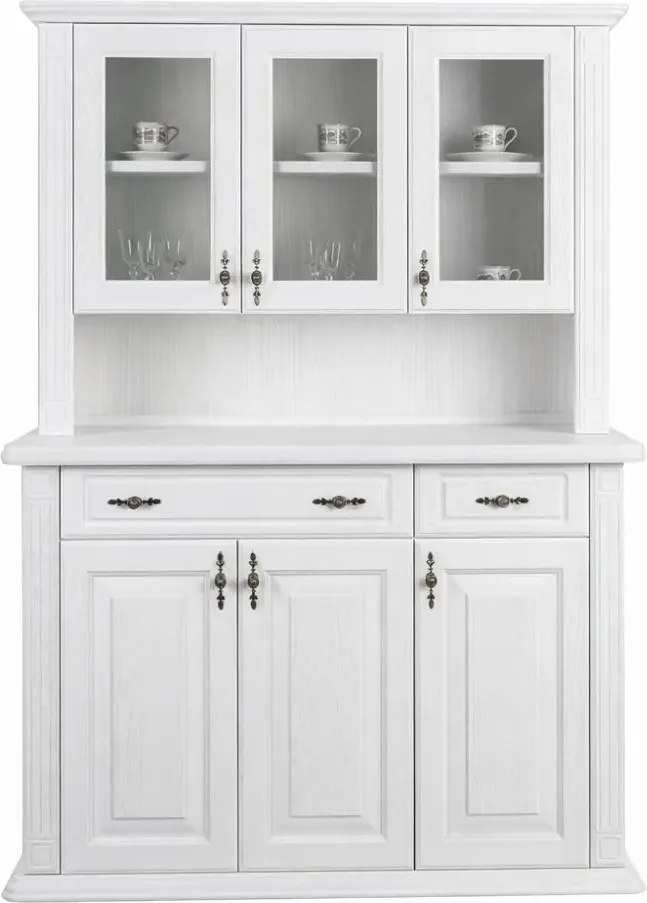 Biely drevený príborník z masívu - komoda s vitrínou, 140x60x210 cm