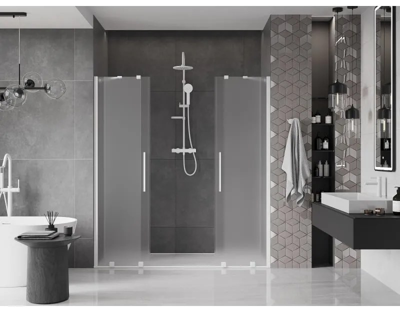 Mexen Velar Duo, posuvné sprchové dvere do otvoru 170 cm, 8mm sklo námraza, biela matná, 871-170-000-32-20
