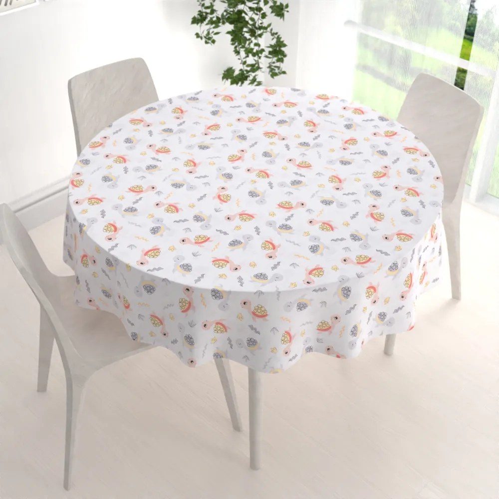 Biante Detský bavlnený okrúhly obrus Sandra SA-373 Veselé korytnačky na bielom Ø 120 cm