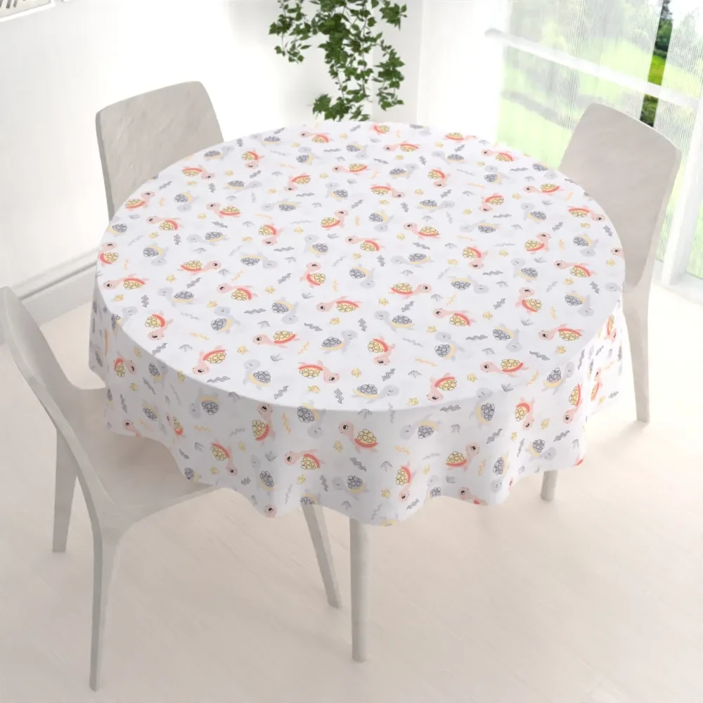 Biante Detský bavlnený okrúhly obrus Sandra SA-373 Veselé korytnačky na bielom Ø 130 cm