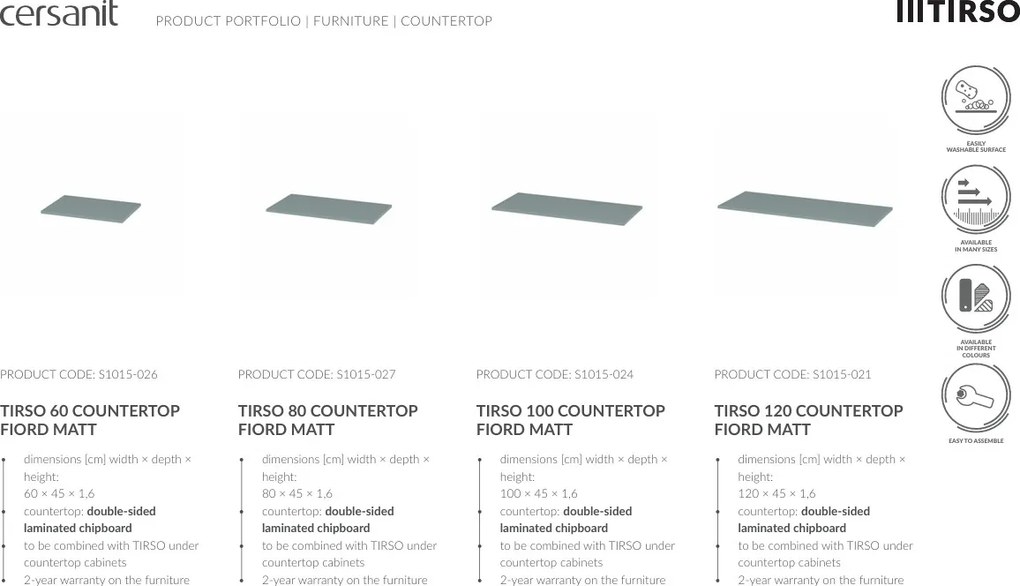 Cersanit Tirso, doska na kúpeľňovú skrinku 800x450x18 mm, zelená matná, S1015-027