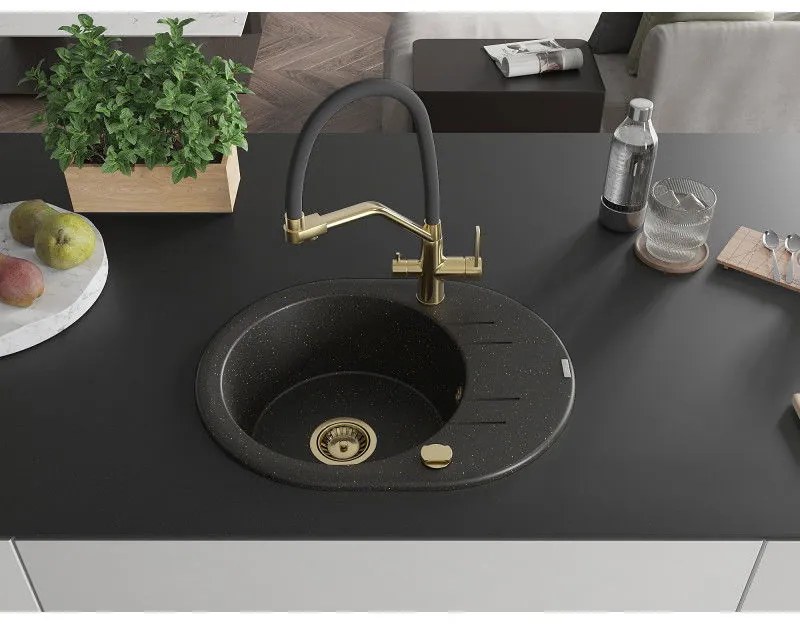 Mexen Kevin, granitový drez 586x458x190 mm, 1-komorový a biela batéria Duo, čierna-zlatá metalíza, 6517-75-671701-57-G