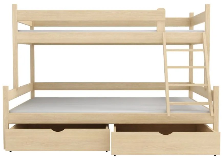 Detská poschodová posteľ z masívu borovice s rozšíreným spodným lôžkom NEVADA so šuplíkmi - 200x90/140 cm - PRÍRODNÁ BOROVICA