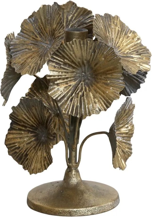 Bronzový antik kovový svietnik zdobený kvetmi Flower - Ø 14*20cm