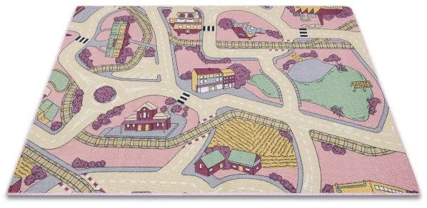 Detský koberec REBEL ROADS Playtime 63 Mesto protišmykový - ružový / béžový