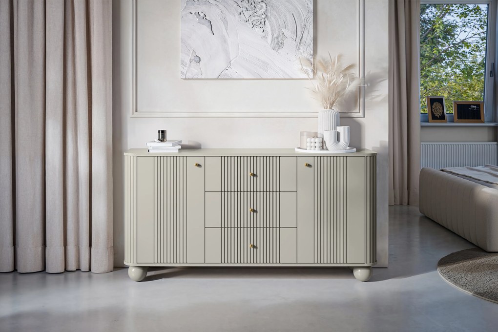 Komoda Vespera 160 cm so zásuvkami - kašmírová / zlatá / kašmírové nohy