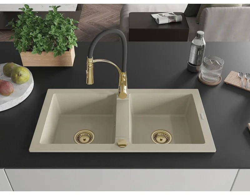 Mexen Mario, granitový drez 820x436x161 mm, 2-komorový a drezová batéria Aster, béžová, 6504-69-73450-57-G