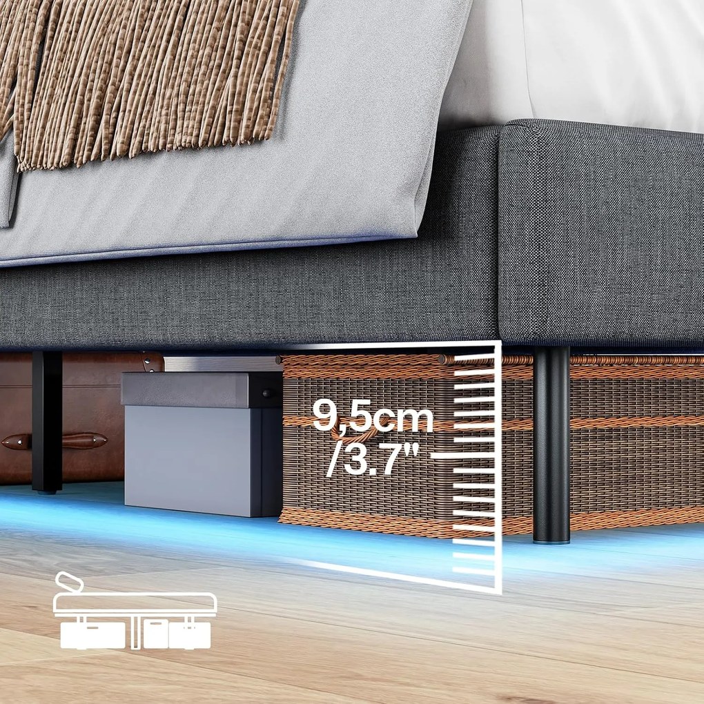 Dvoulůžková postel Timaro 140x200 s nabíjecí stanicí a LED osvětlením šedá