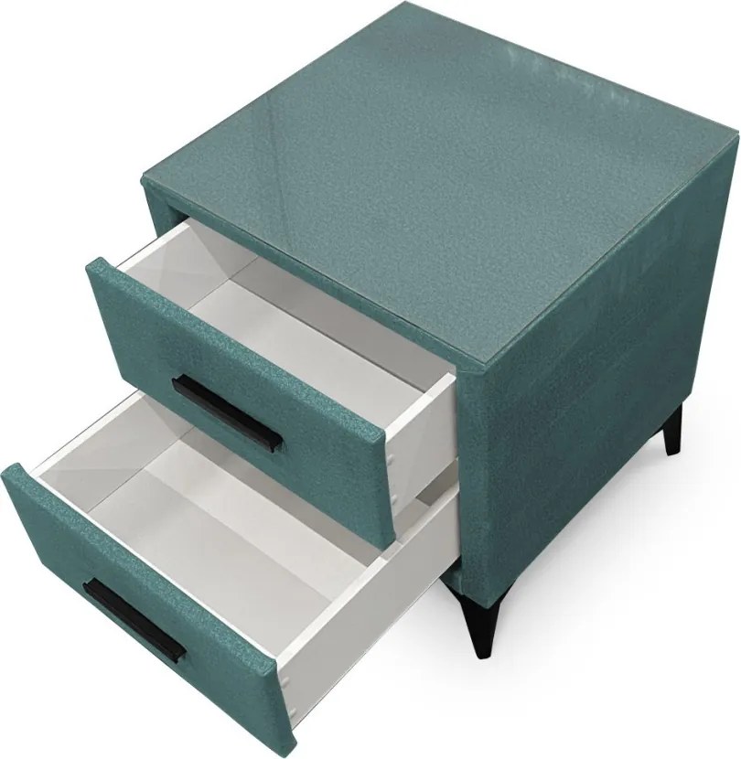 Nočný stolík s 2 zásuvkami Joy, modrozelená aqua látka