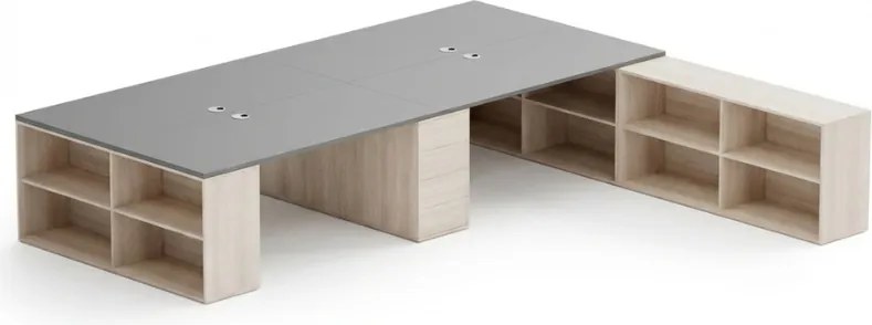 Kancelárska zostava stolov BLOCK B05, 4 miesta s úložným priestorom, 360 × 320 cm, dub prírodný/grafit