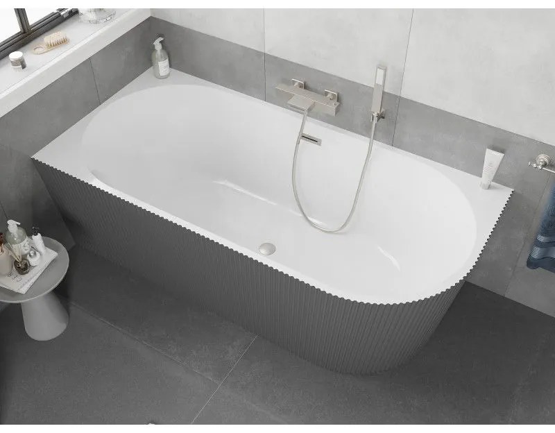 Mexen Silo, rohová voľne stojaca ryhovaná vaňa, ľavá, 150 x 75 cm, biela-šedá, oceľový prepad, 52891507562L-97