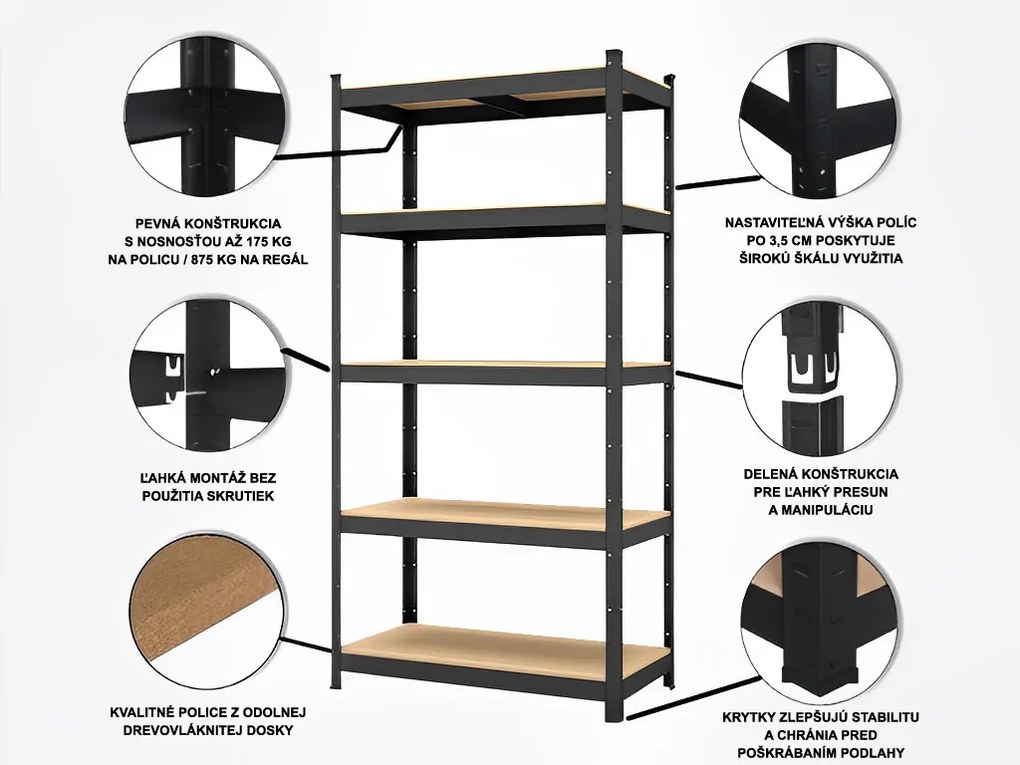 Fistar Regál 1800x750x300 mm, lakovaný 5-policový, nosnosť 875 kg - ČIERNY