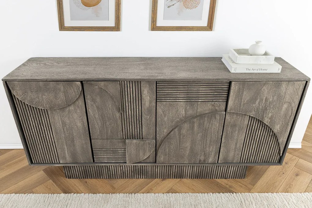 Komoda ART DECO 170 cm 3D mangové drevo, sivá