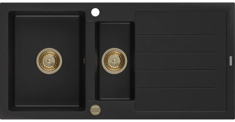 Mexen Andres, granitový drez 1000x500x200 mm, 1,5-komorový, čierna so zlatým sifónom, 6515101510-77-G