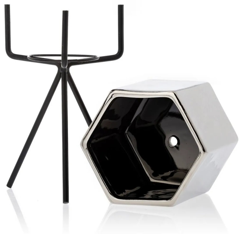 Sada 3 ks květináčů na stojanu SASHI stříbrná