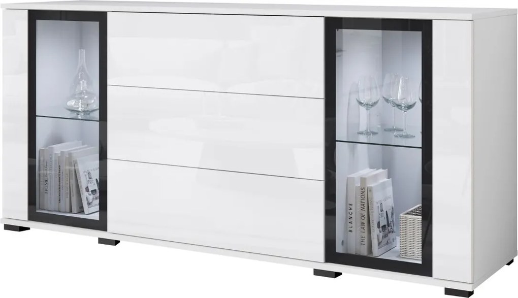 Biela komoda so zásuvkami a vitrínami Caro SB150