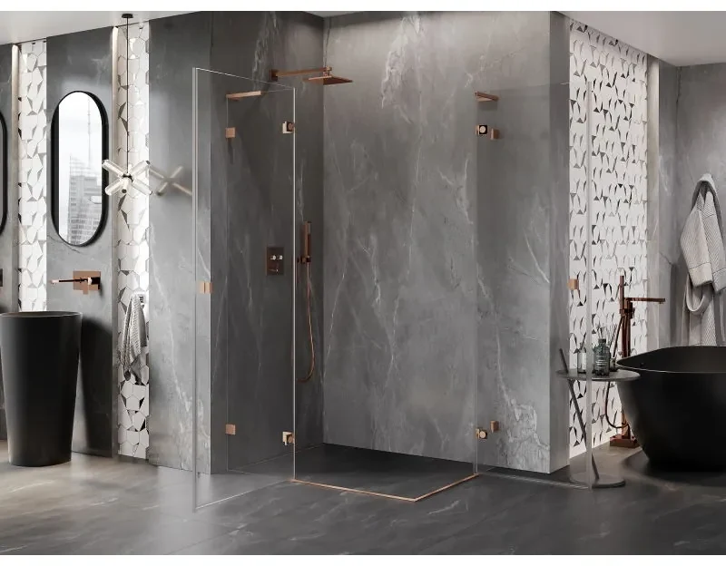 Mexen Lunar, L Duo výklopný sprchový kút 95 x 85 cm, 8mm číre sklo, profil medená matná, 834L-095-085P-65-00