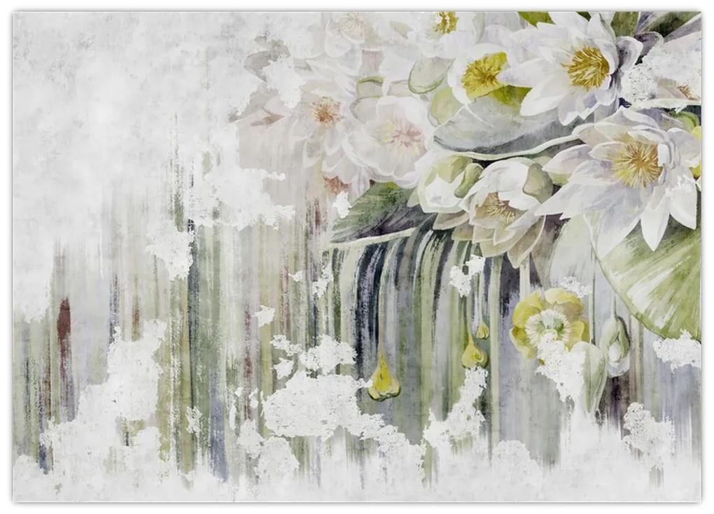 Sklenený obraz - Biele kvety, vintage (70x50 cm)