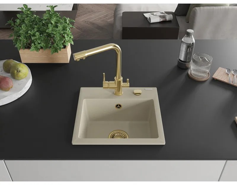 Mexen Milo, granitový drez 435x410x171 mm, 1-komorový a zlatá batéria Duero, béžová, 6505-69-671600-50
