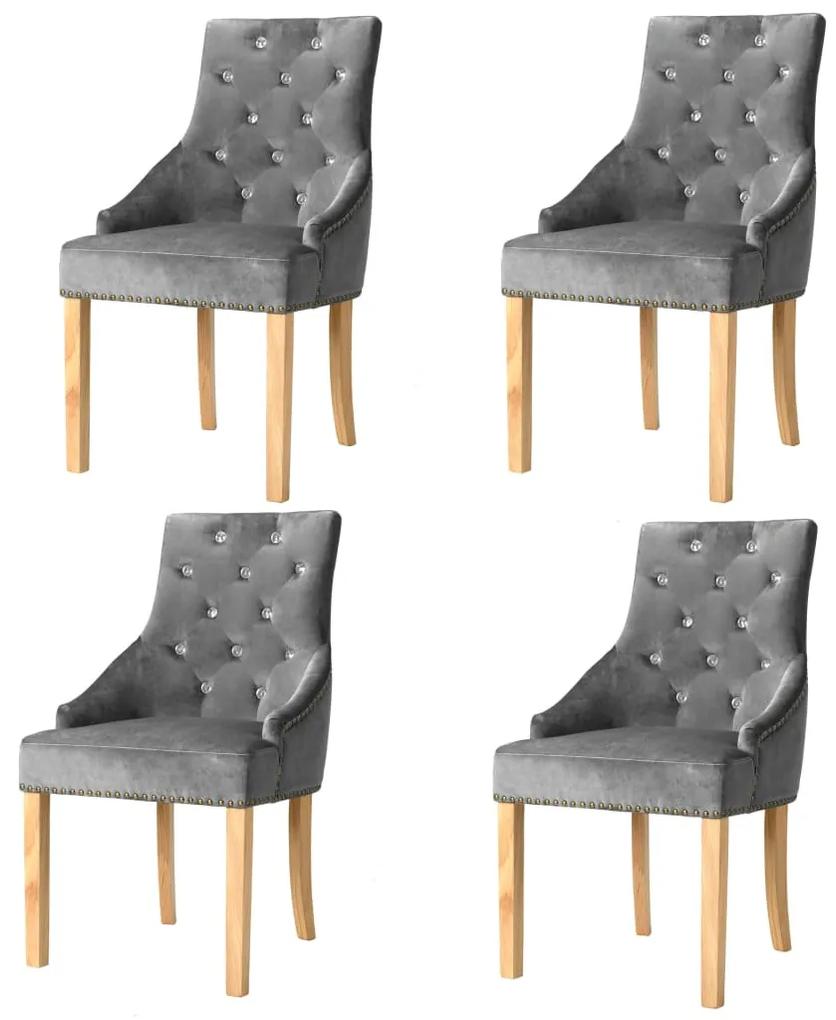 vidaXL Jedálenské stoličky 4 ks, strieborné, dubový masív a zamat