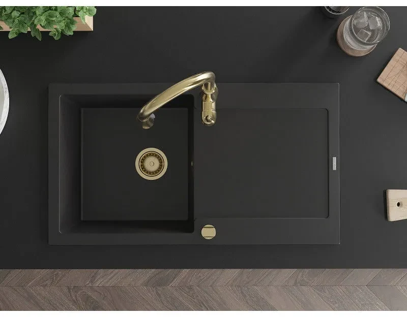 Mexen Leo, 1-komorový granitový drez 900x500x190 mm a drezová batéria Savita, čierna, 6501-77-672601-50
