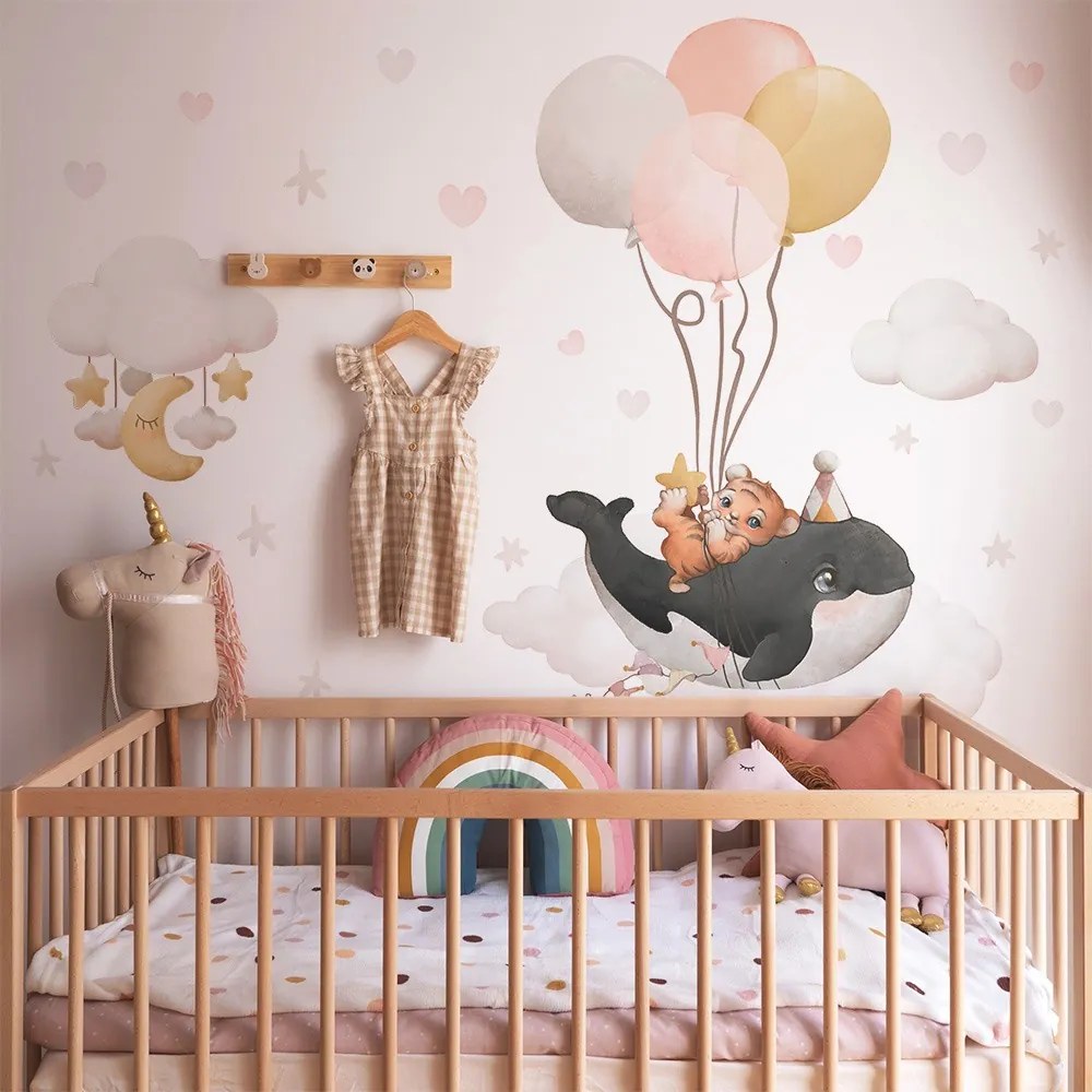 Gario Detská nálepka na stenu Tiny world - veľryba a tigrík s balónmi