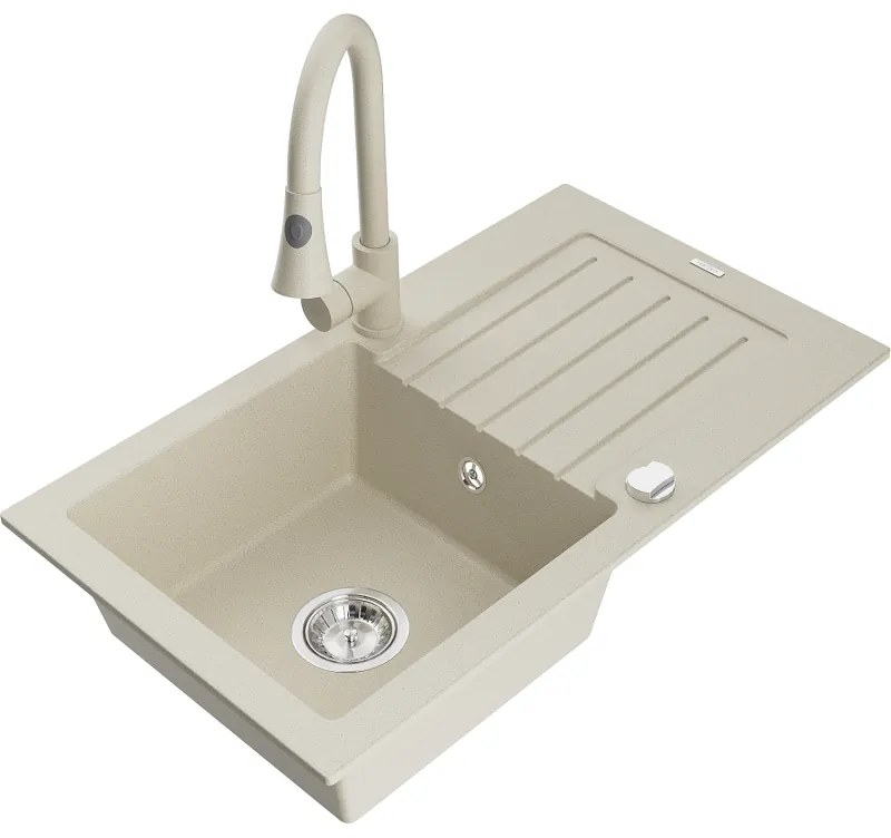 Mexen Pablo, 1-komorový granitový drez 752x436x161 mm a drezová batéria Elia, béžová, 6510-69-670101-69