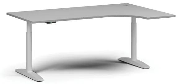 Výškovo nastaviteľný stôl OBOL, elektrický, 675-1325 mm, rohový pravý, doska 1800x1200 mm, biela zaoblená podnož, sivá
