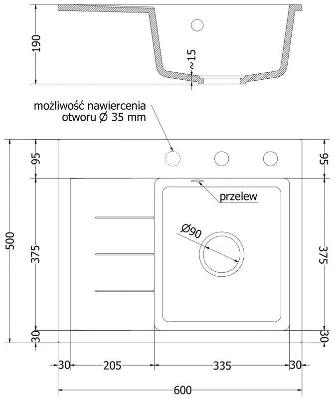 Mexen Ben, 1-komorový granitový drez 600x500x190 mm, pravý + zlatý sifón, biela, 6523605000-20-G