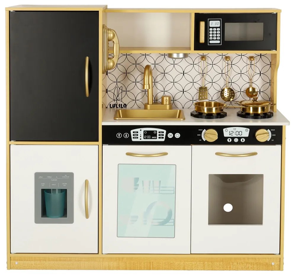 KIK Detská drevená kuchynka so svetlom a zvukom, chladnička, zlatá, 3+