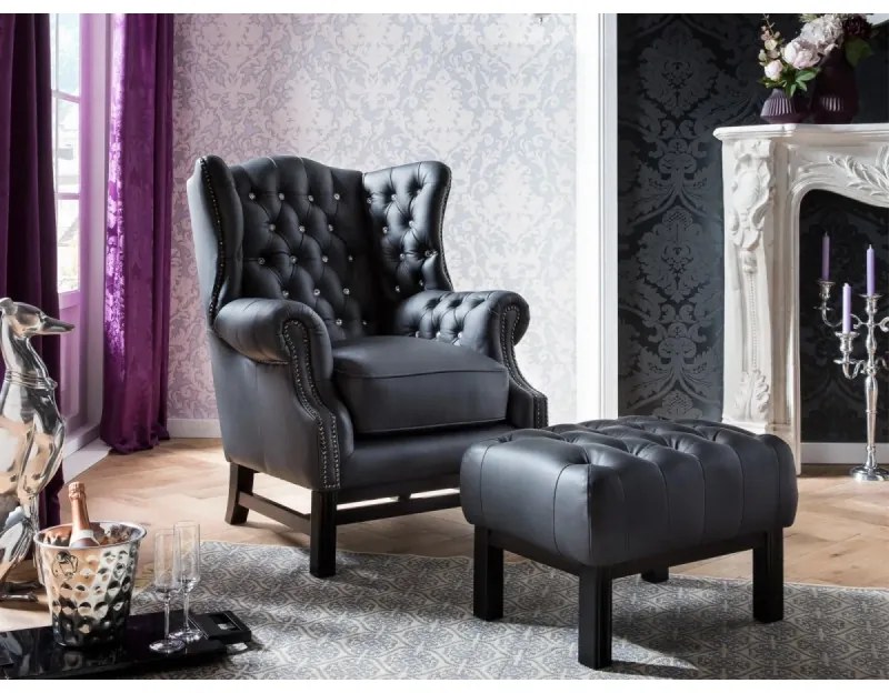 furniture-nabytek.cz - Masívny taburet Chesterfield Kingsfield z pravej kože, čierny – 61×46×43 cm