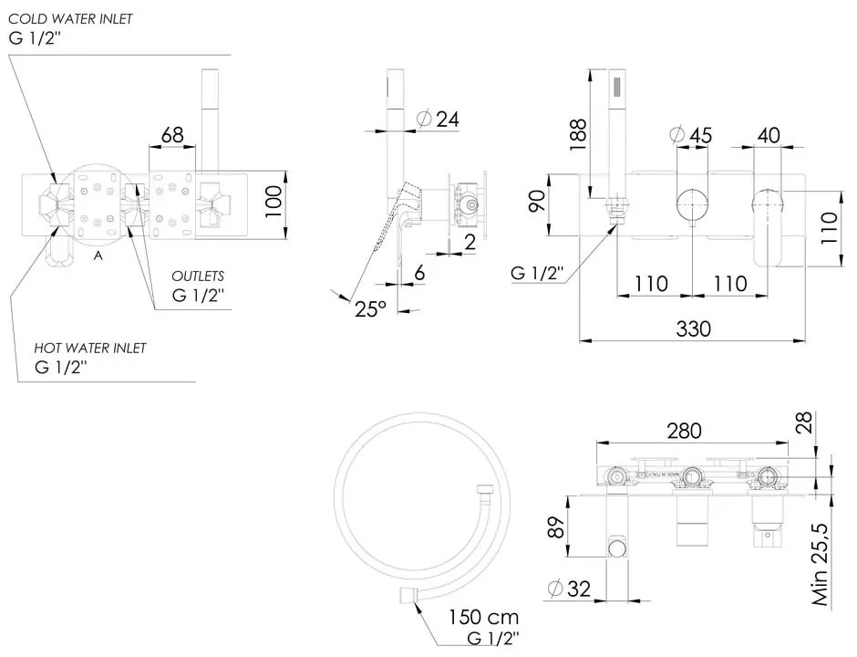 Matne čierna podomietková sprchová batéria (3 výstupy) Spy – Sapho