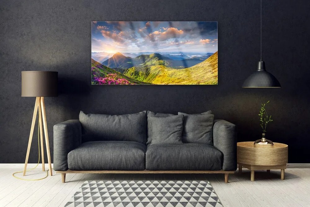 Obraz plexi Hory slnko lúka krajina 120x60 cm